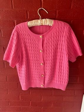 Pink Short-Sleeve Cable Knit Cardigan Sweater - Unbranded